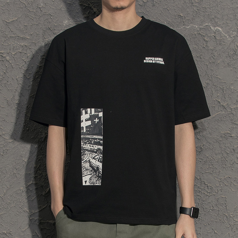 Hong Kong Tide Card Summer Comic Book Printed T-shirt Men Loose National Tide Round Collar Short Sleeves and Lovers Blouse Half Sleeve Men