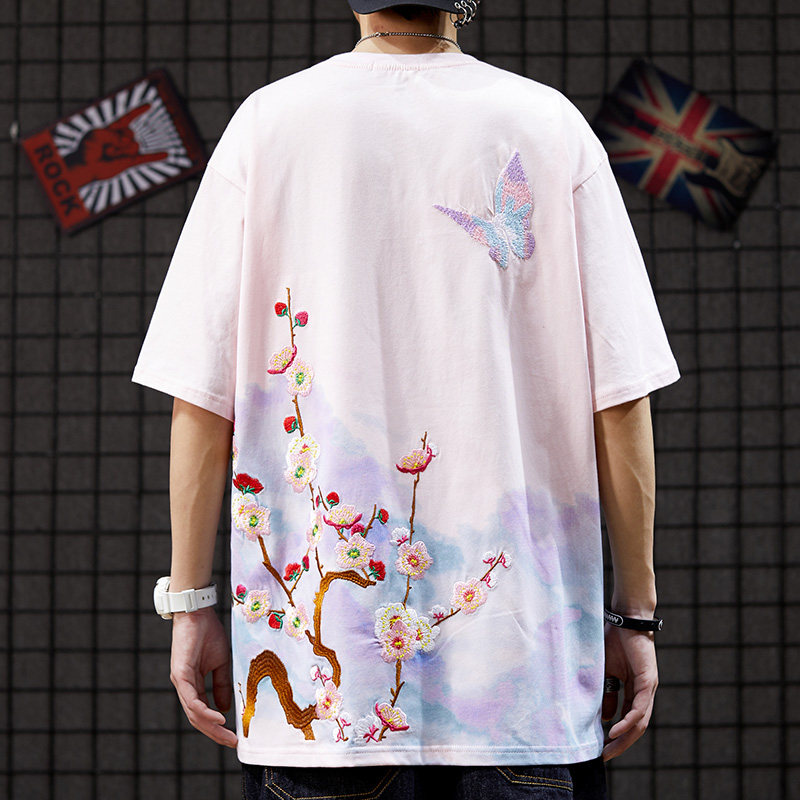 Hong Kong Tidal Wave China Tide China Wind Butterfly Embroidery Short Sleeve T-shirt Male and female original Cebu Dyeing Gradual-Erotic Couples Dress Half Sleeves