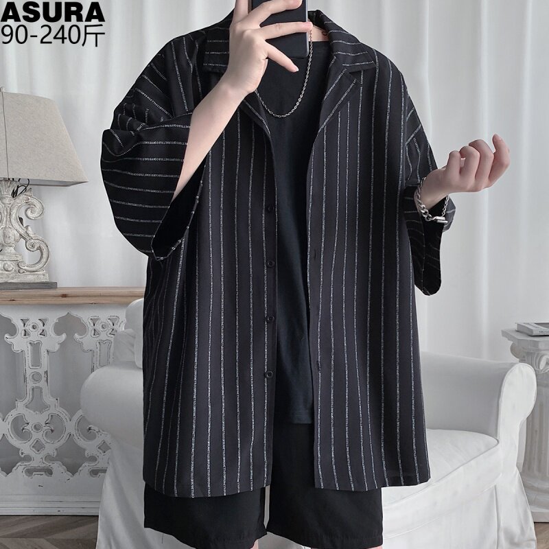 Hong Kong Tide Brand Ice Silk Striped Shirt Shirt Men Plus Size Plus Size Fat Loose Summer Dress Thin Section Hong Kong Style Japanese