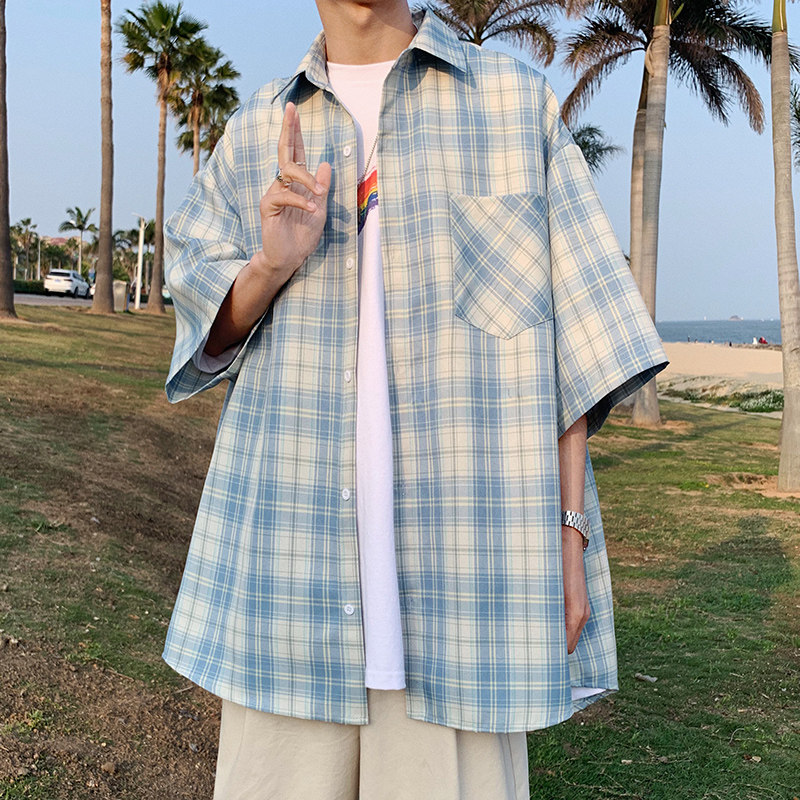 Hong Kong tide brand summer plaid shirt men's Hong Kong style casual short-sleeved shirt loose and versatile lazy wind trend thin