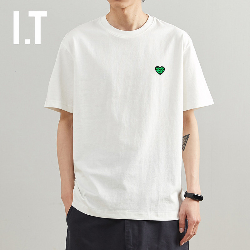 Hong Kong Tide Summer New Short Sleeve T-Shirt Men Trend Loose Love Embroidered White Minimum Half-Sleeve Shirt