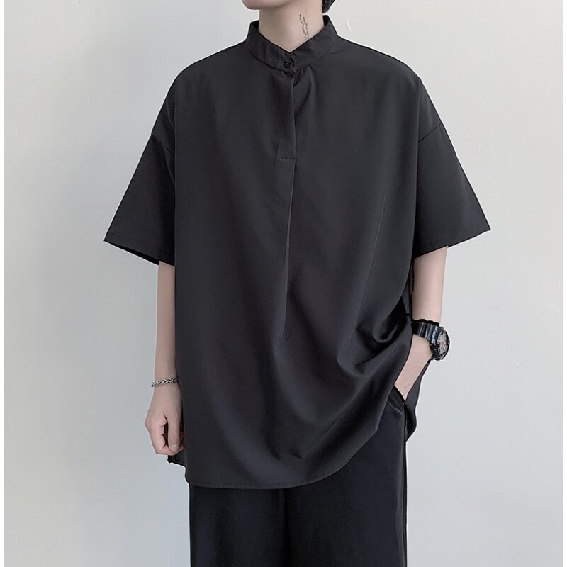 Hong Kong tide brand salt series Korean version Japanese solid color stand collar shirt pullover loose summer short-sleeved inch shirt tide men's shirt