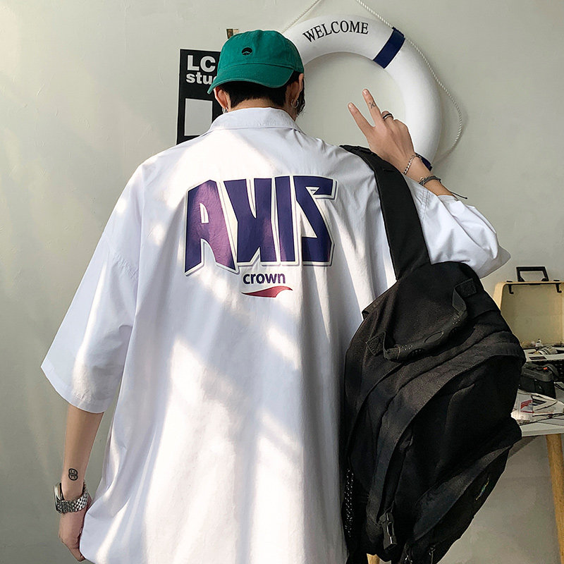 Hong Kong Tidal Card Short Sleeve Shirt Male Port Wind Loose Casual Ins Trend College Wind Shirt Summer Slim Fit Jacket