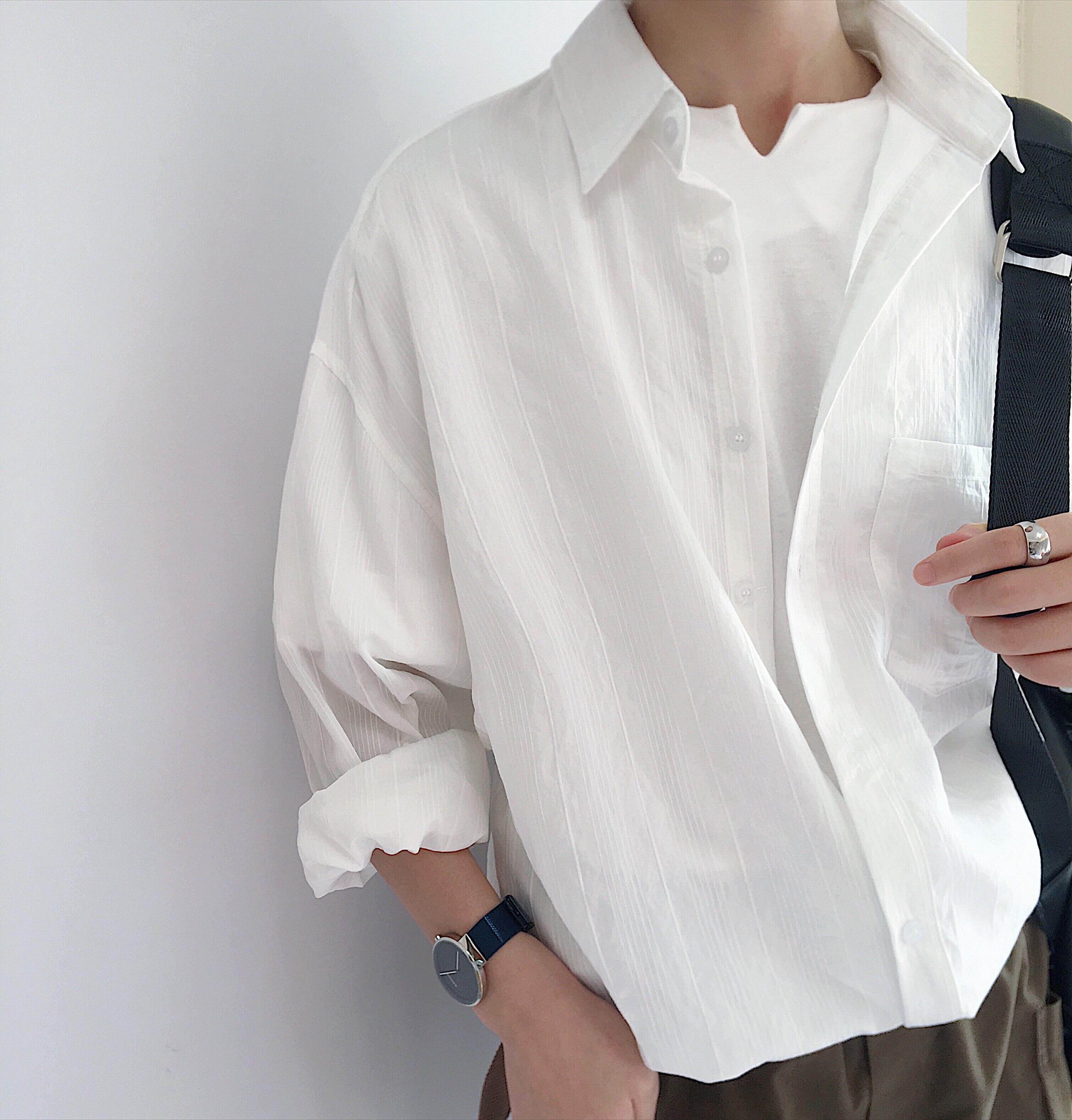 Hong Kong Boomer White Shirt Student Pendant Casual Men's Day Ensemble Shirt Long Sleeve Port Wind Pure Cotton Loose Design Feel