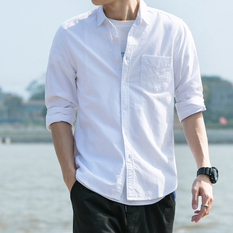 Tide Japanese pure colored shirt casual simple necklace long-sleeved cotton long-sleeved haven-haven shirt large-scale repair and thin