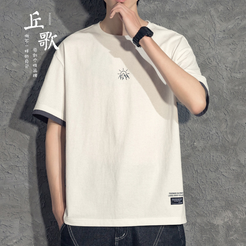 Hong Kong tide brand Japanese fake two pieces men's short-sleeved T-shirt summer cotton loose men's white trendy clothes T-shirt