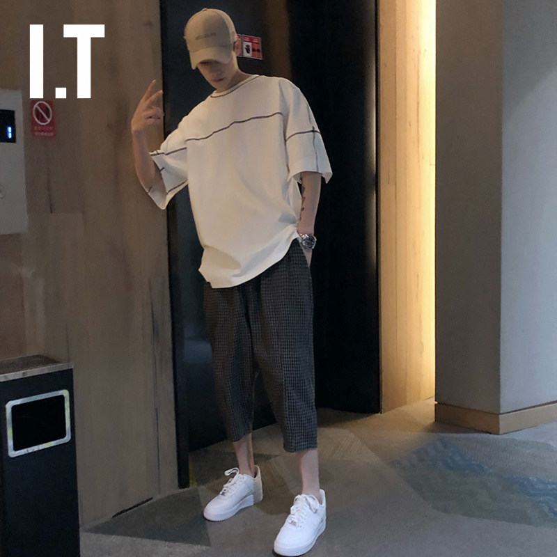 Hong Kong Tide White Shoulder Splicing Short Sleeves New Boy Han Edition Simple Easy Cotton T-Shirt