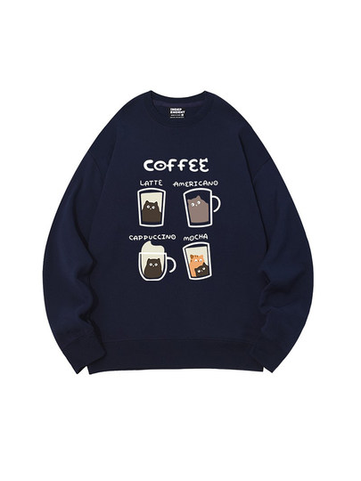 Hong Kong trendiges Marken-Sweatshirt mit Rundhalsausschnitt für Herren, samtverdicktes Kaffee-Print-Nischenhemd aus amerikanischer reiner Baumwolle mit lockerem Paar-Bottom-Shirt