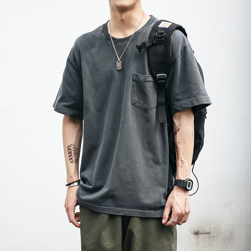 Hong Kong Tide Japanese Loose Wash Batik Short Sleeve Round Neck Solid Color Base Pocket Joker T-Shirt Retro