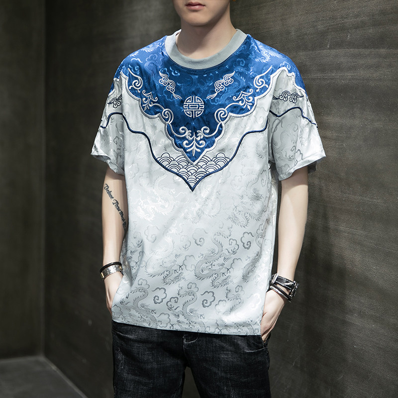 Hong Kong Tide Card Country Wind Men's Clothing Fengyun Shoulder Dragon Tattoo Embroidery Ice Silk Thin Dragon Robe Half Sleeve Hanfu Loose Clothes