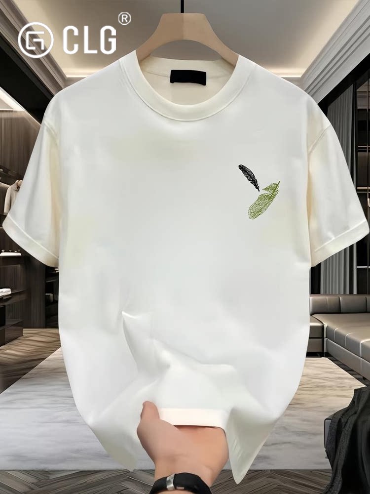 Hong Kong Clg Trendy Brand Simple Short-Sleeved T-Shirt for Men, Summer Thin Loose Casual Printed Half-Sleeve Heavyweight Pure Cotton T-Shirt