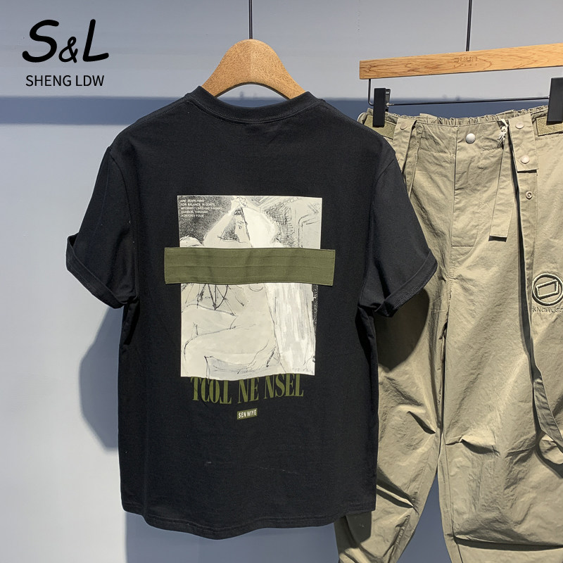 Hong Kong tide brand spring all-match printing loose fashion cotton top daily casual men's personality short-sleeved T-shirt