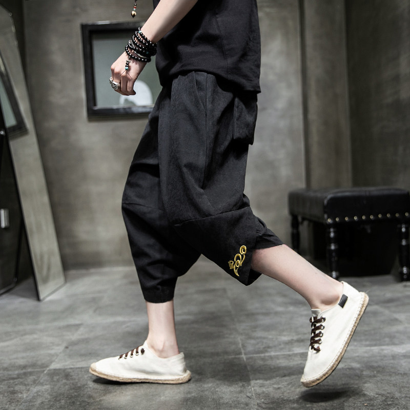 Hong Kong Tide Card China Wind Seven Pants Beach Pants Big Size Fat Sub Casual Shorts Loose Lantern Slim Down Men's Pants