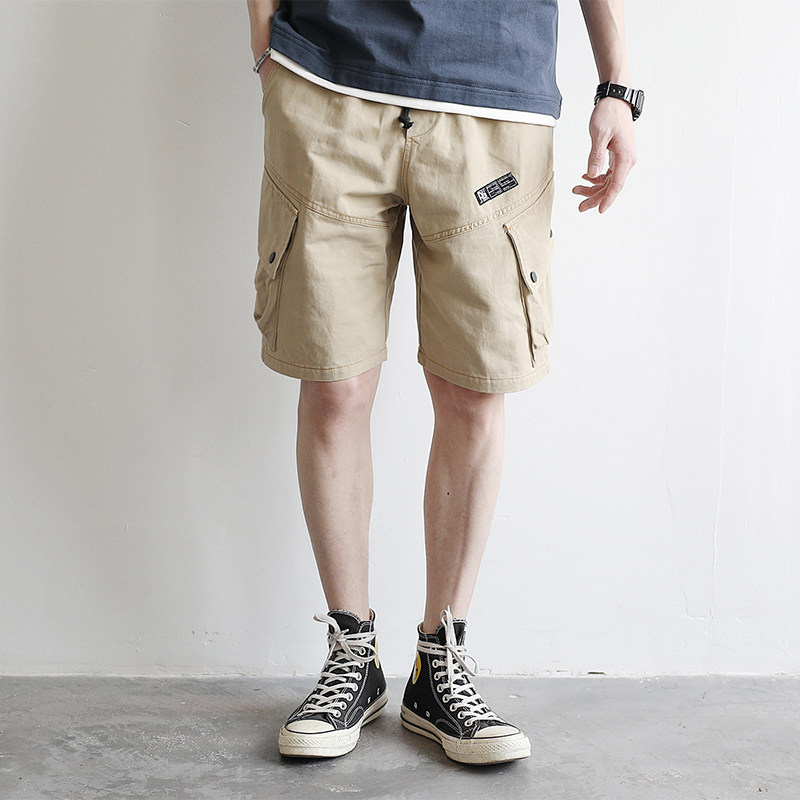 Tide brand men's summer new Japanese retro pocket tooling washed shorts khaki straight casual five-point pants