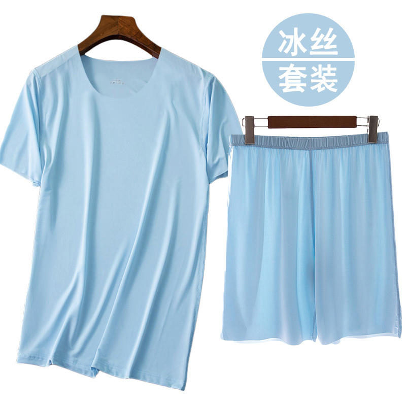Men's Ice Silk Seamless T-Shirt and Shorts Set, Elastic Sports Quick-Drying Clothing, Round Neck Casual Pajamas, Thin Home Wear