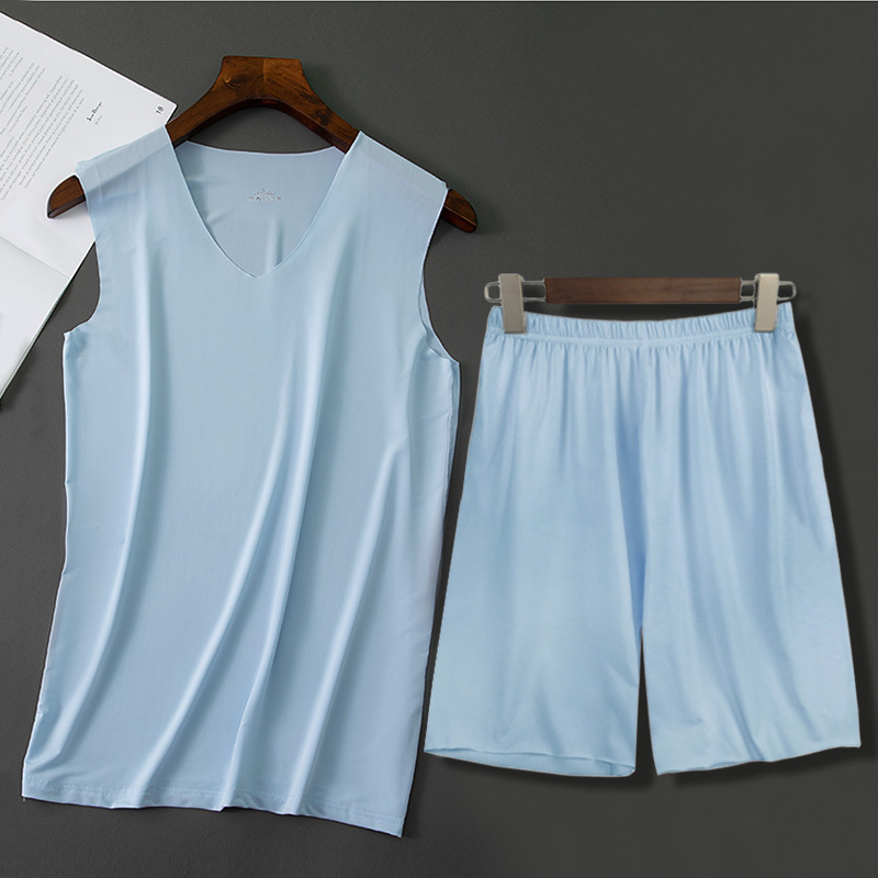 Men's Ice Silk Seamless Suit V Neck Vest Shorts Casual Home Pajamas Light and Breathable Sports Quick-Drying Top