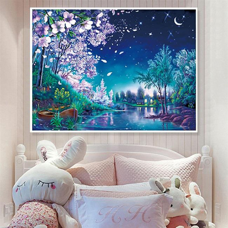 Lakeside town cross stitch romantic starry sky new living room bedroom small scenery large grid cotton thread four-strand full embroidery