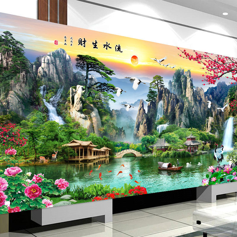 Mona Lisa Cross embroidered 2021 lines embroidered with new flowing water raw living room Dramatic Scenery Landscape Painting Cotton Thread Full Embroidered