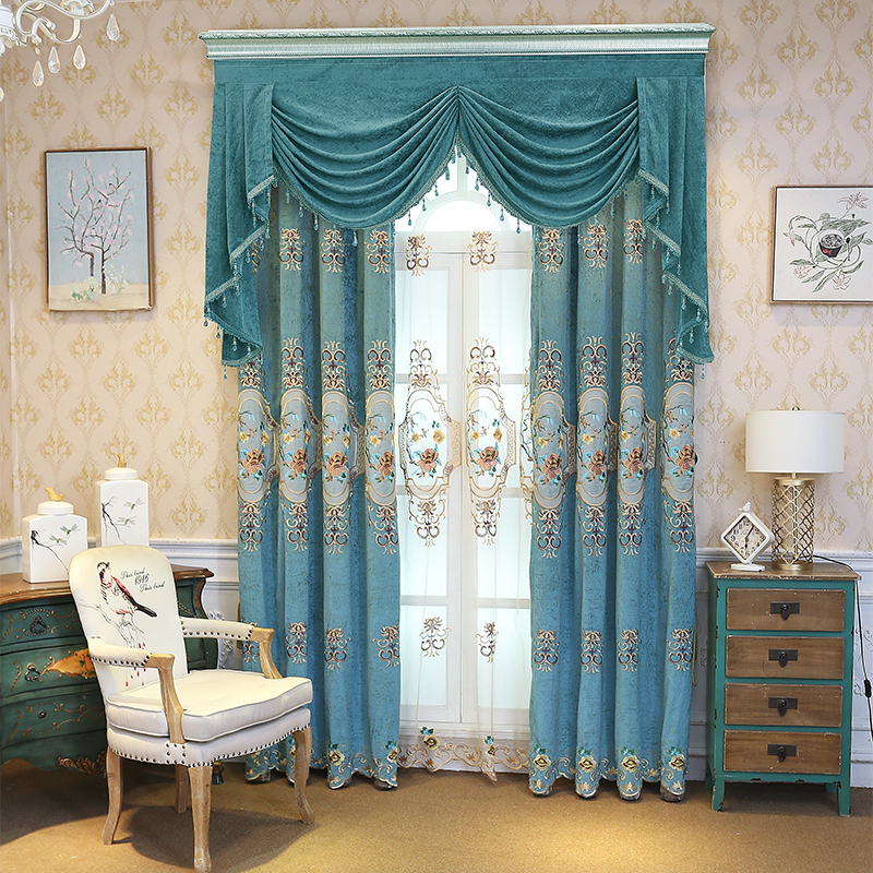 European embroidery blackout curtains Blue Chenille fabric finished product custom living room bedroom luxury floor-to-ceiling window curtain