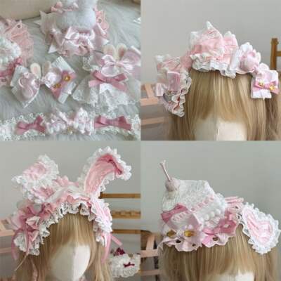 Homemade Lolita bow rabbit white pink rabbit ear hair band edge clip Lolita style handcrafted