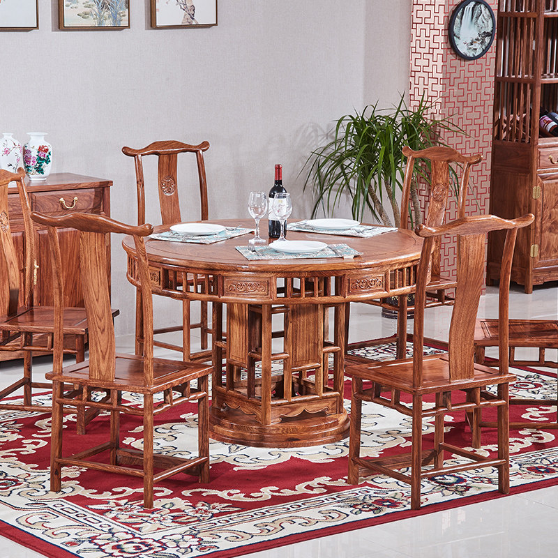 Mahogany dining table round table hedgehog red sandalwood round solid wood household dining table Chinese furniture rosewood dining table and chair combination