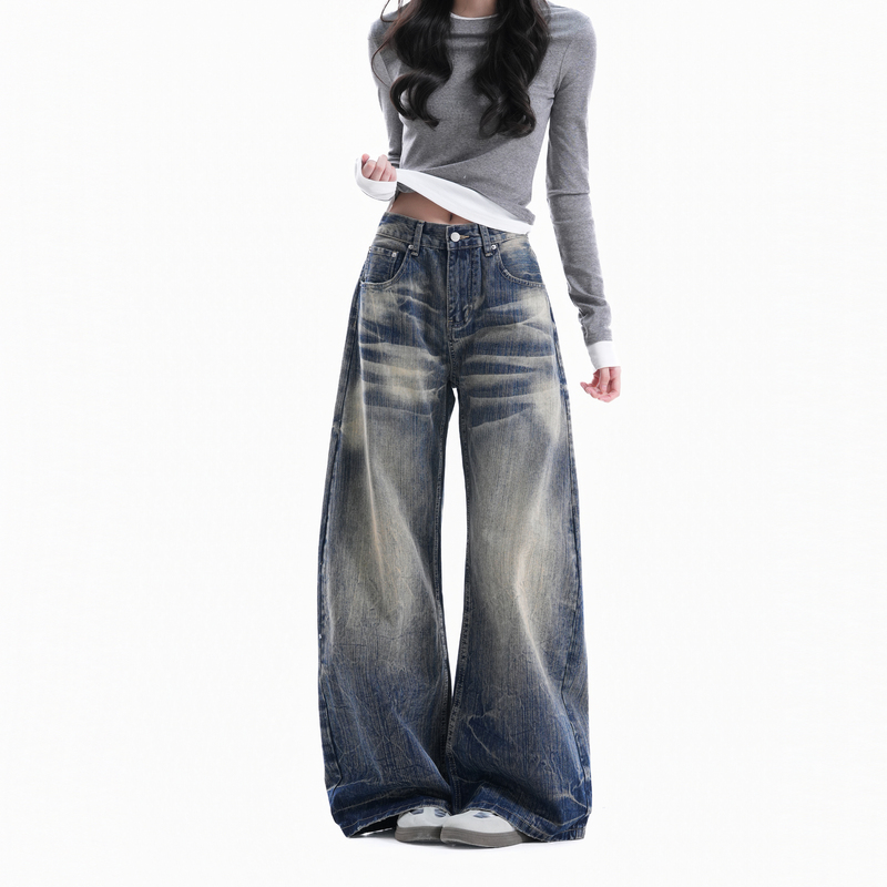 【Sitting on the Couch and Watching the Money Go Away】American Retro Washed Wide-Leg Jeans for Women, High-Waisted, Slimming, Straight-Leg, Floor-Length Pants 【Sitting on the Couch and Watching the Money Go Away】American Retro Washed Wide-Leg Jeans for Women, High-Waisted, Slimming, Straight-Leg, Floor-Length Pants
