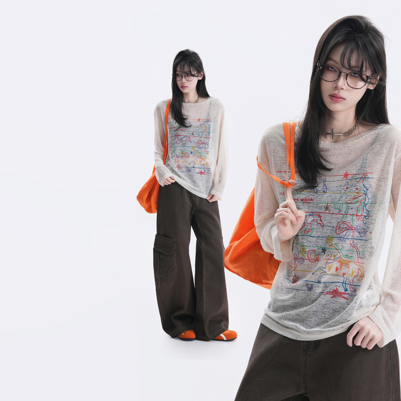 【Sitting on the Couch and Watching Time Pass By】Summer Dopamine Line Print Pony Pendant Slightly Sheer Long-Sleeve Blouse Women's Age-Reducing T-Shirt