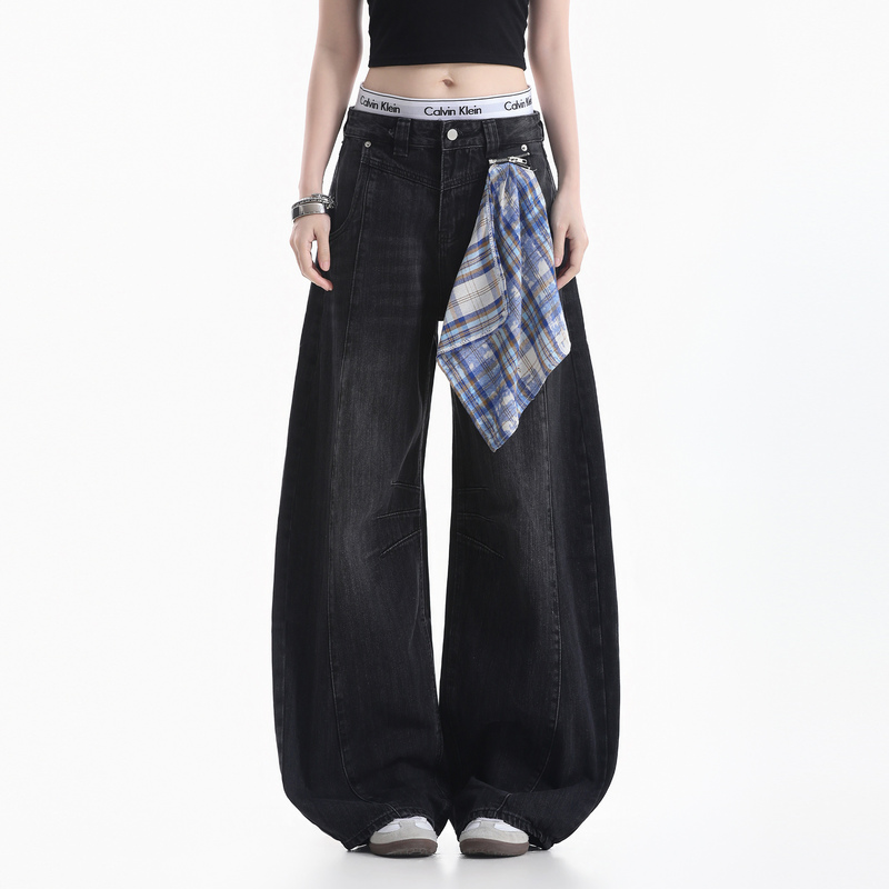 【Waste of Time】American-Style Design Detachable Plaid Scarf Denim Wide-Leg Pants with Vintage Wash and Curved Knife Cut