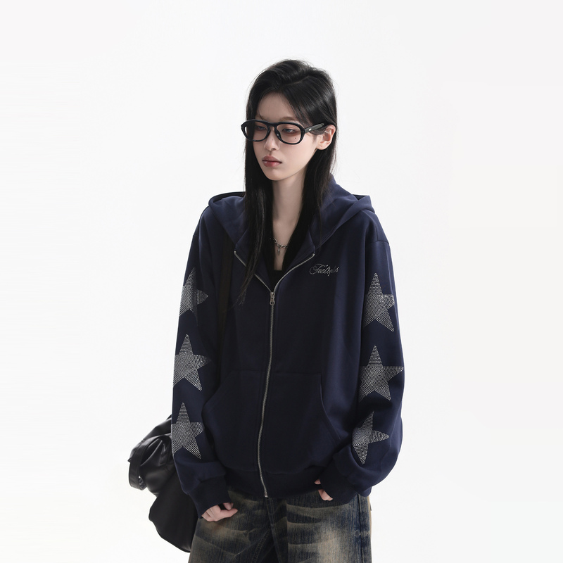 【Sitting on the Couch and Watching the Money Go Away】Cleanfit High-End Rhinestone Star Hooded Cardigan Sweatshirt Couple's Sporty Style Jacket 【Sitting on the Couch and Watching the Money Go Away】Cleanfit High-End Rhinestone Star Hooded Cardigan Sweatshirt Couple's Sporty Style Jacket