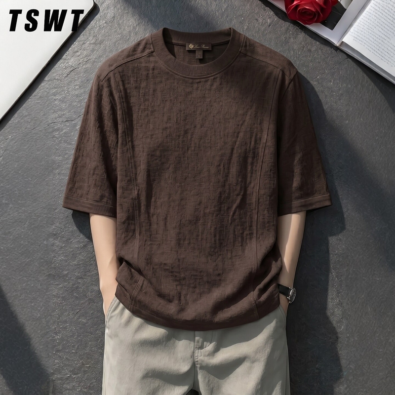 High-End Old Money Style Lyocell Casual Short-Sleeve Men's Summer Thin Round-Neck Solid Color Pleated T-Shirt Loose Fit Half-Sleeve