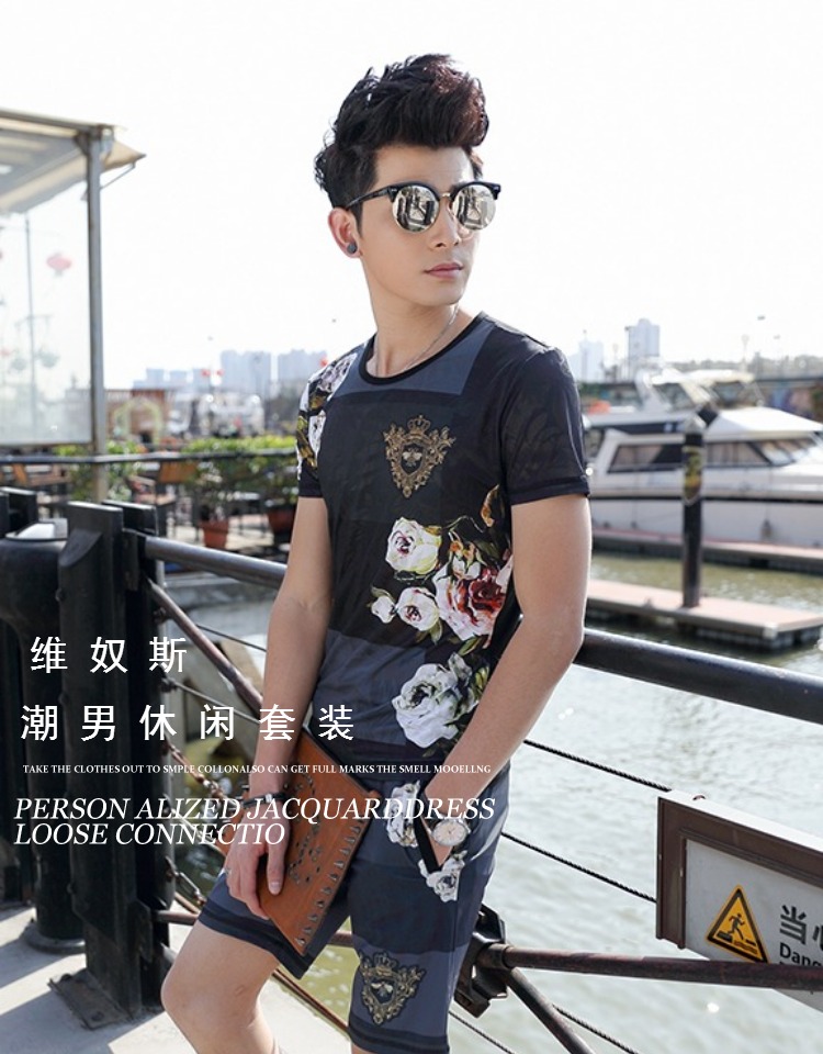 Mùa hè thủy triều nam ngắn tay phù hợp với bãi biển quần short nam t-shirt in ấn giải trí hai mảnh kỳ nghỉ bên bờ biển quần áo du lịch