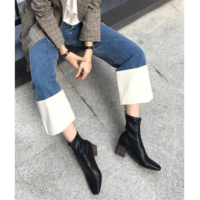 Internet celebrity short boots women's 2021 spring and autumn Korean version Internet celebrity square toe thick heel single boots high heel small heel elastic thin boots