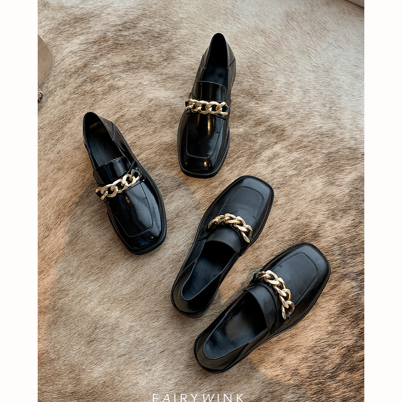 2021 Spring new middle heel leather bag Shoe square head retro metal chain Lefus shoes female Inn wind small leather shoes