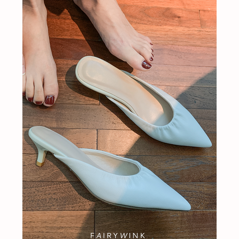 2020 summer new sandals pointed toe medium heel shallow mouth lady small heel shoes female cat heel mules toe sandals