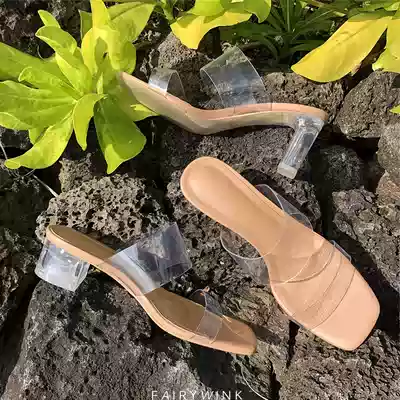 2020 Summer new thick heel with crystal fashion transparent sandals Joker sandals for women wearing Net Red