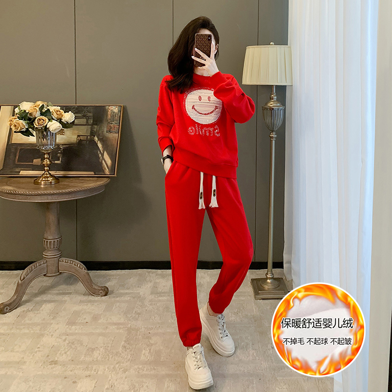 2023 Han Edition Autumn Winter New Fashion Plus Suede Leisure Sports Suit Women's Warm Running Sportswear Two Sets-Taobao