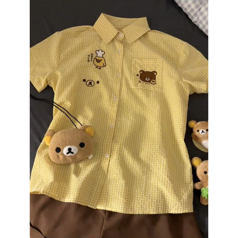 Japanese-Style Sweet and Cute Rilakkuma Embroidered Yellow Plaid Short-Sleeve Shirt for Women, Summer Loose-Fitting College Style Trendy Shirt
