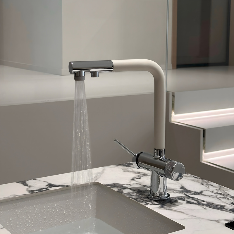 Japanese-Style Milky White Three-In-One Faucet for Kitchen Sink, Multi-Functional Water Purification Pull-Out Faucet with Hot and Cold Water