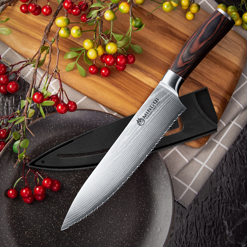 Frozen meat knife Frozen conditioning stainless steel cut frozen meat serrated kitchen cut grilled meat melon fruit vegetable bread knife wooden handle
