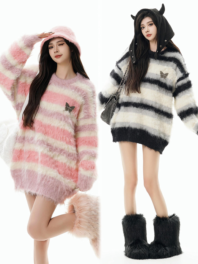 American striped broad sweater women's autumn winter 2023 new outwear ferret hairy mannequin hitchhiking lazy knitwear-Taobao