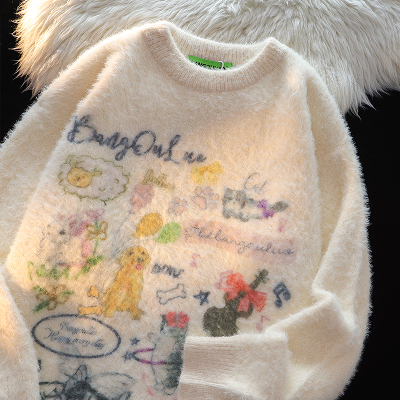 Japanese-Style Plush Cartoon Graffiti Round-Neck Sweater for Women, 2026 Autumn, Lazy Style, Loose and Versatile Pullover Knitwear Japanese-Style Plush Cartoon Graffiti Round-Neck Sweater for Women, 2026 Autumn, Lazy Style, Loose and Versatile Pullover Knitwear