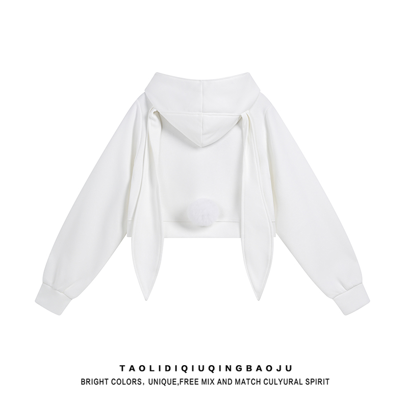 Korean Style College Style Cute Bunny Ears Hooded Sweatshirt for Women, Loose Casual Versatile Couple Short Cardigan Jacket