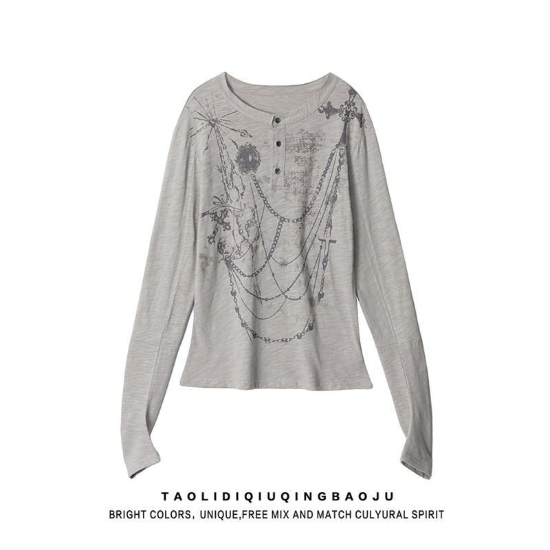 American Retro Distressed Necklace Print Long-Sleeve T-Shirt for Women, Spring Casual Versatile Slim-Fit Half-Buttoned Base Shirt