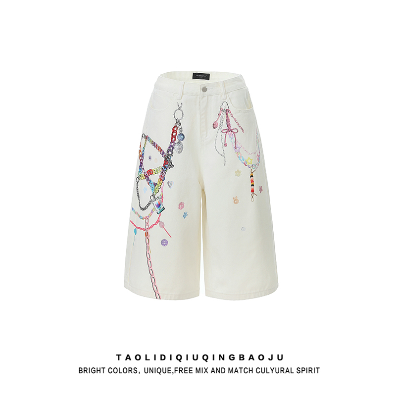 American Street Style Colorful Chain Print Denim Capri Pants for Women, Summer Trendy Brand, Unique Loose Straight Wide-Leg Mid-Length Pants
