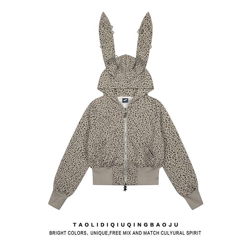 Light Asian Style Leopard Print Bunny Ear Hooded Sweatshirt for Women, Autumn and Winter Short Style, Waist-Cinching, Slimming, Niche Double-Zip Cardigan Jacket
