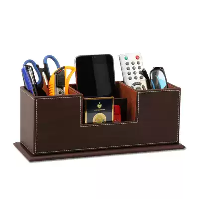 Leather stationery desktop storage box office pen holder Wood multifunctional creative fashion Korean cute mobile phone holder