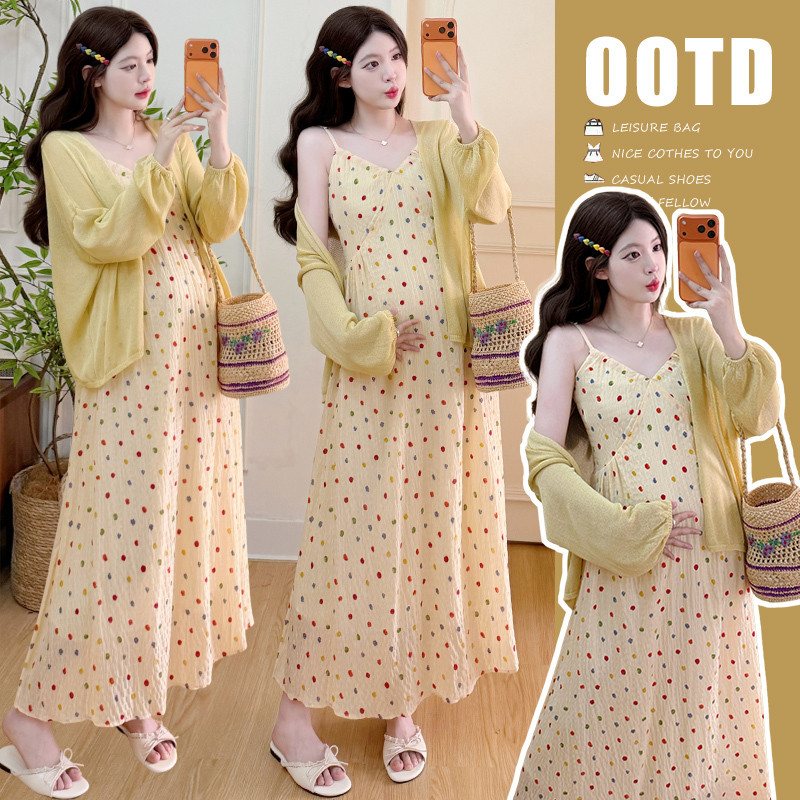 Maternity Dress Summer Wear 2026 New Style Pregnancy High-End Outfit Vacation Style Polka Dot Suspender Dress Set Summer