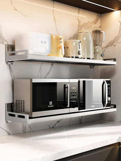 304不锈钢壁挂厨房免打孔墙上微波炉调料罐收纳置物架壁挂多功能