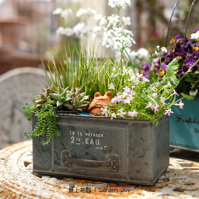 Interior balcony Decorative Iron made of old sheet metal flower case rectangular small drawer flower pot Flower barrel-Taobao