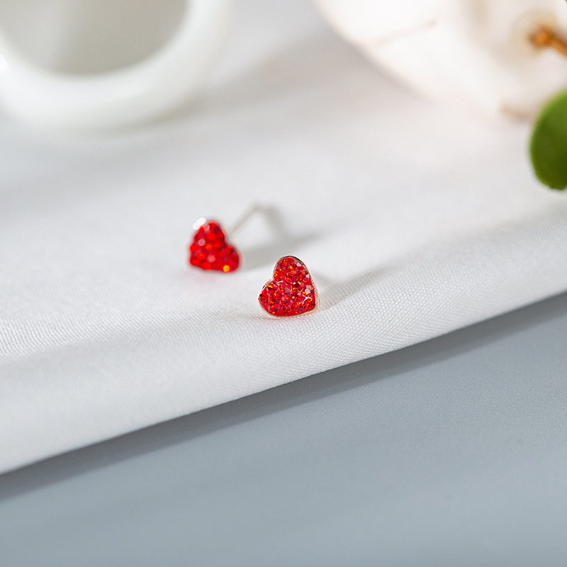 925 pure silver caring inlaid with diamond ear nail sweet and small fresh and large red peach heart full drill son Fairy Earrings Personality-Taobao